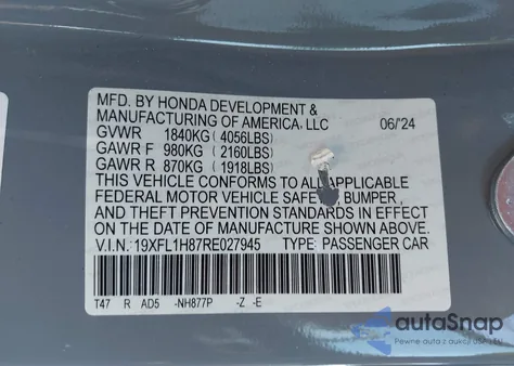 2024 Honda Civic Sport Touring z USA, uszkodzony, nr VIN 19XFL1H87RE027945